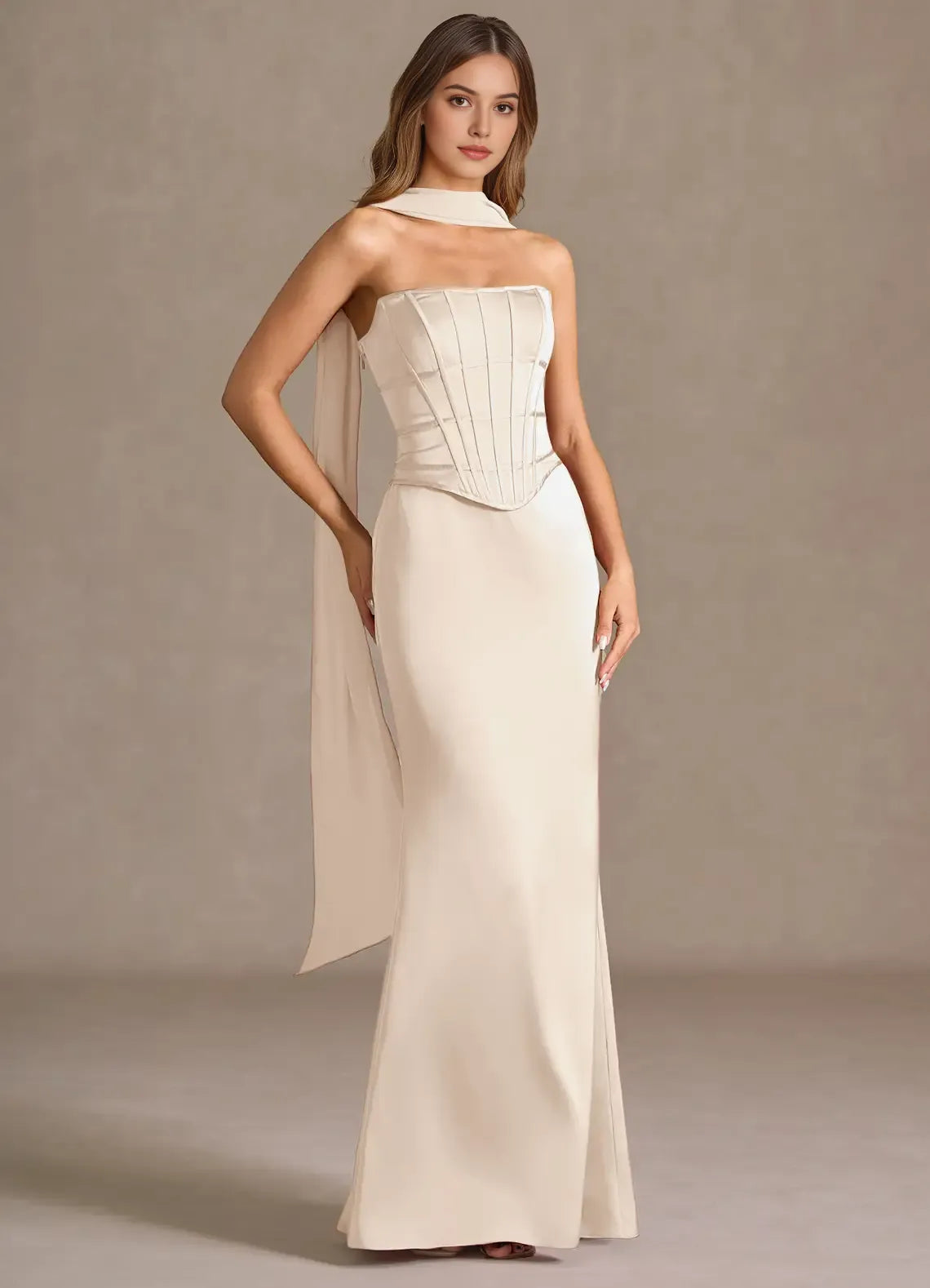 Champagne Strapless Prom Dress with Corset Bodice and Draped Scarf Detail