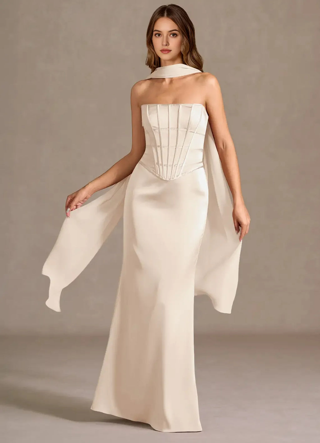 Champagne Strapless Prom Dress with Corset Bodice and Draped Scarf Detail