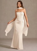 Champagne Strapless Prom Dress with Corset Bodice and Draped Scarf Detail