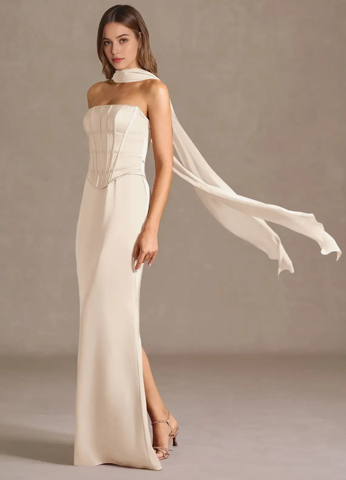 Champagne Strapless Prom Dress with Corset Bodice and Draped Scarf Detail