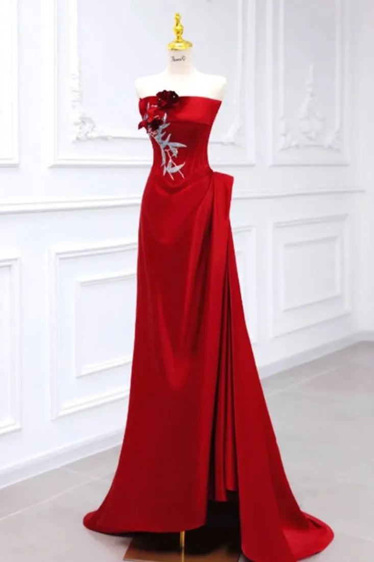 Burgundy Strapless Corset Pleated Applique Burgundy Prom Dress With Embroide