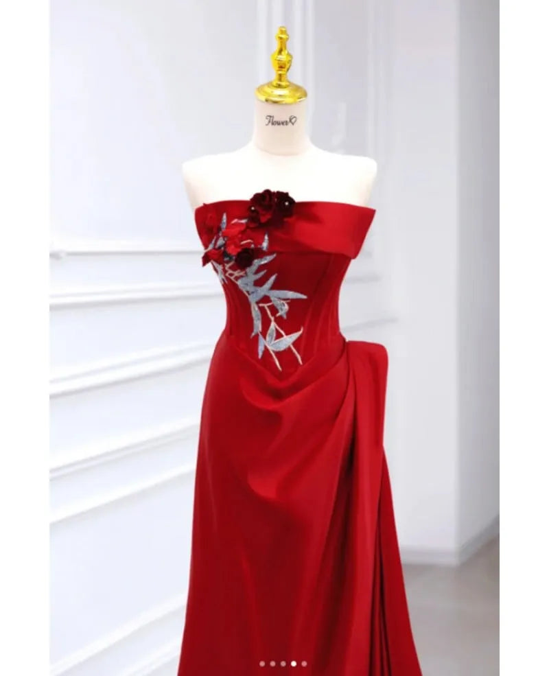 Burgundy Strapless Corset Pleated Applique Burgundy Prom Dress With Embroide