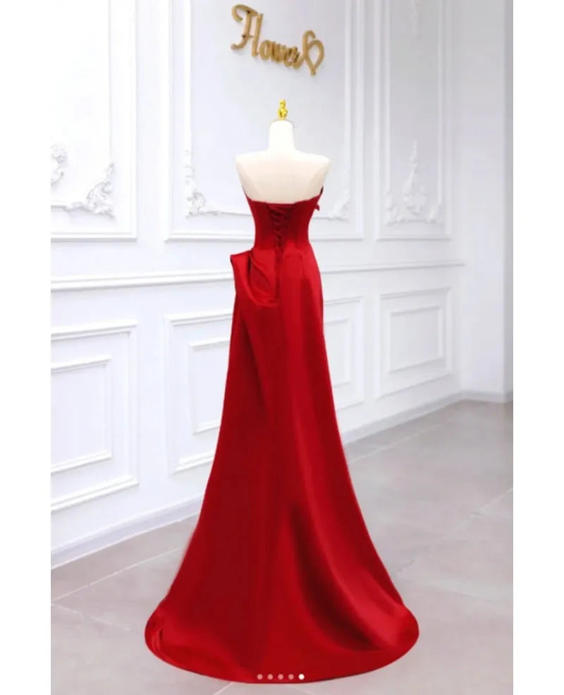 Burgundy Strapless Corset Pleated Applique Burgundy Prom Dress With Embroide