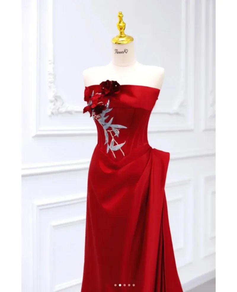 Burgundy Strapless Corset Pleated Applique Burgundy Prom Dress With Embroide