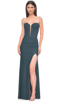 Green Strapless Dark Evening Gown with Plunging Neckline and High Side Slit Perfect for Proms Formal Balls