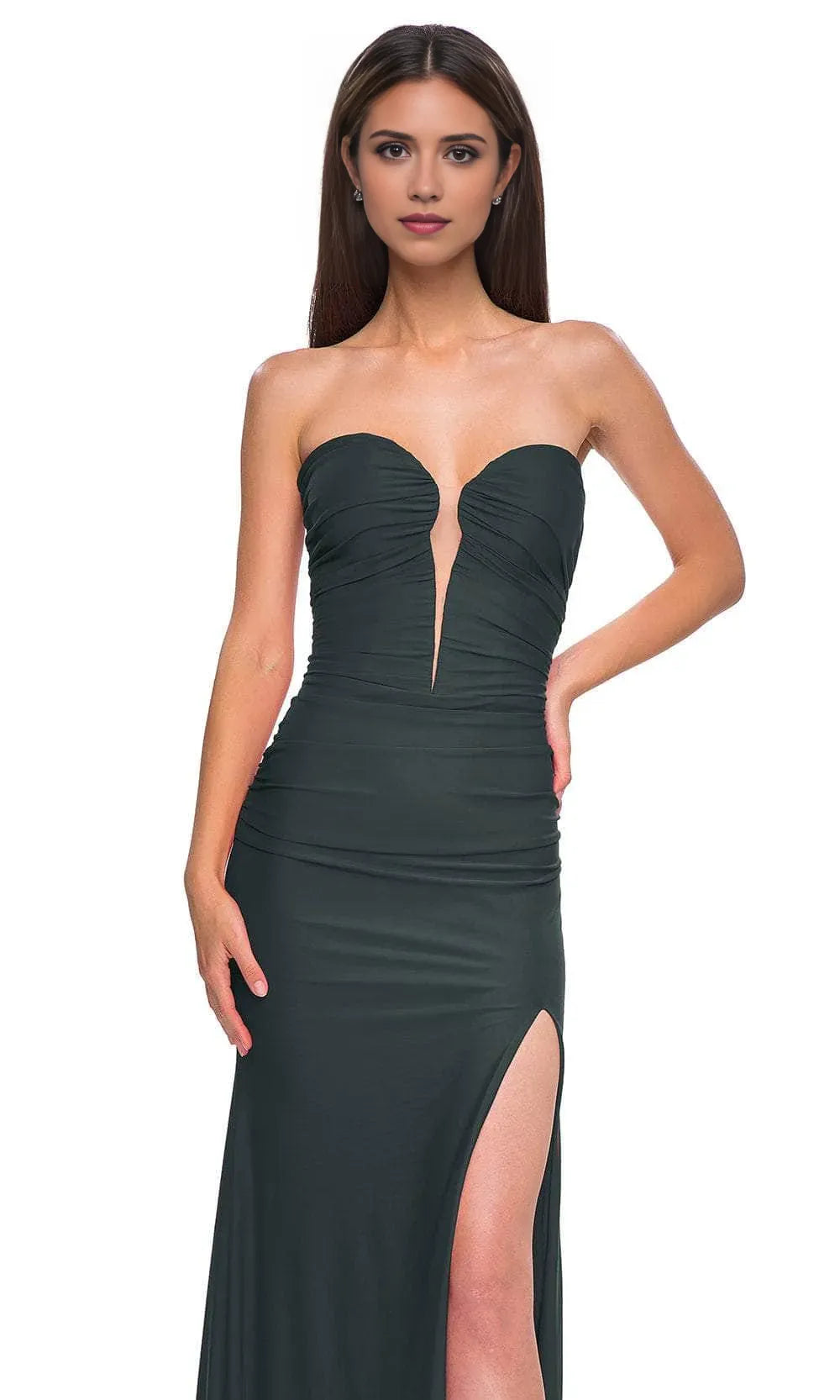 Green Strapless Dark Prom Dress with Ruched Bodice Plunging Neckline and High Side Slit for Formal Evening Galas