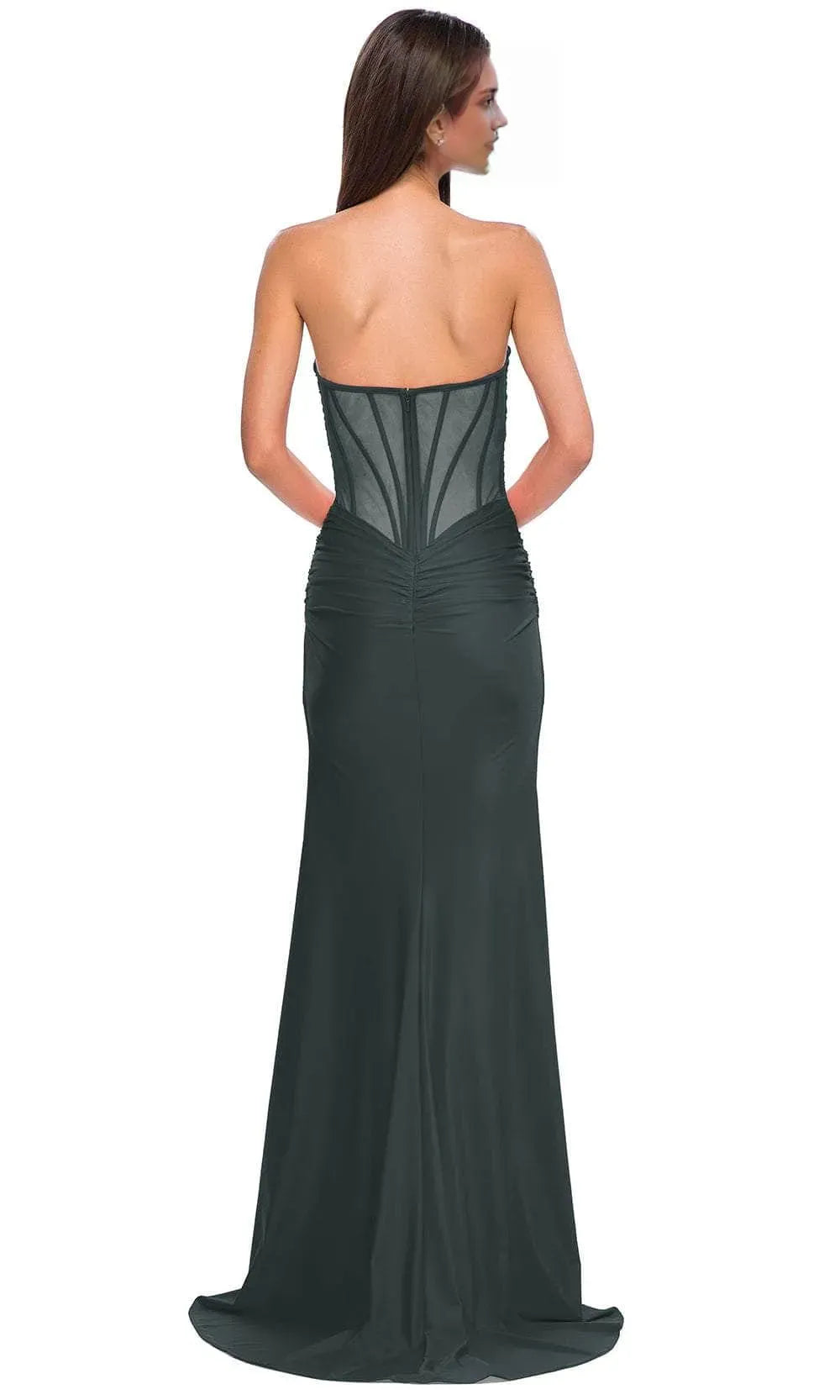 Green Strapless Dark Prom Dress with Ruched Bodice Plunging Neckline and High Side Slit for Formal Evening Galas