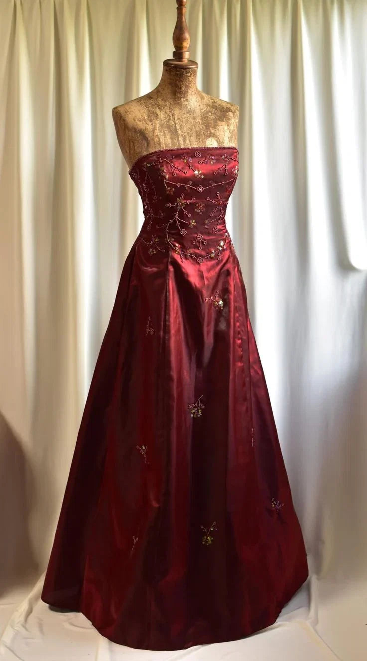 Red Strapless Embroide Red Maxi Prom Dress