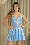 Green Strapless Homecoming Dress with Bow Detail Corset Bodice Flared Skirt for School Dance