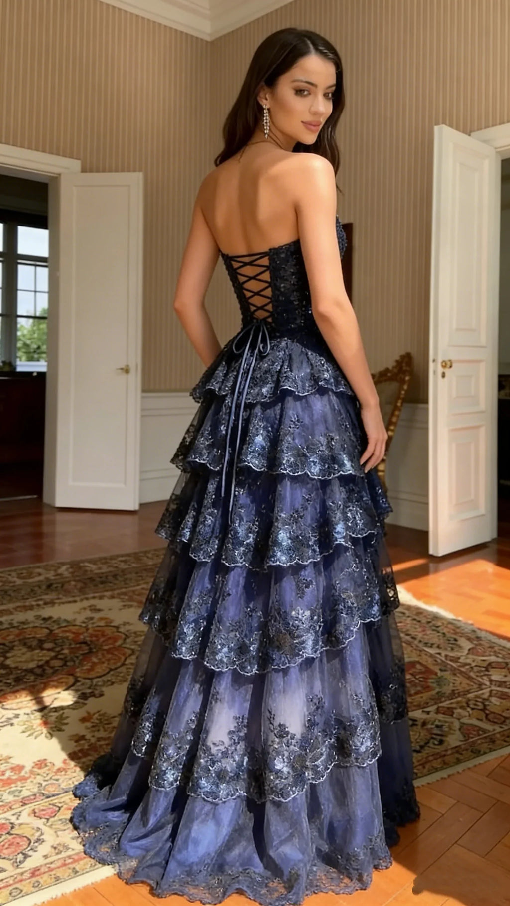 Navy Blue Strapless Maxi Prom Dress