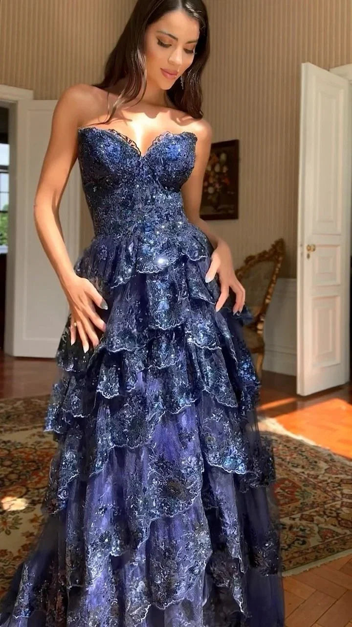 Navy Blue Strapless Maxi Prom Dress