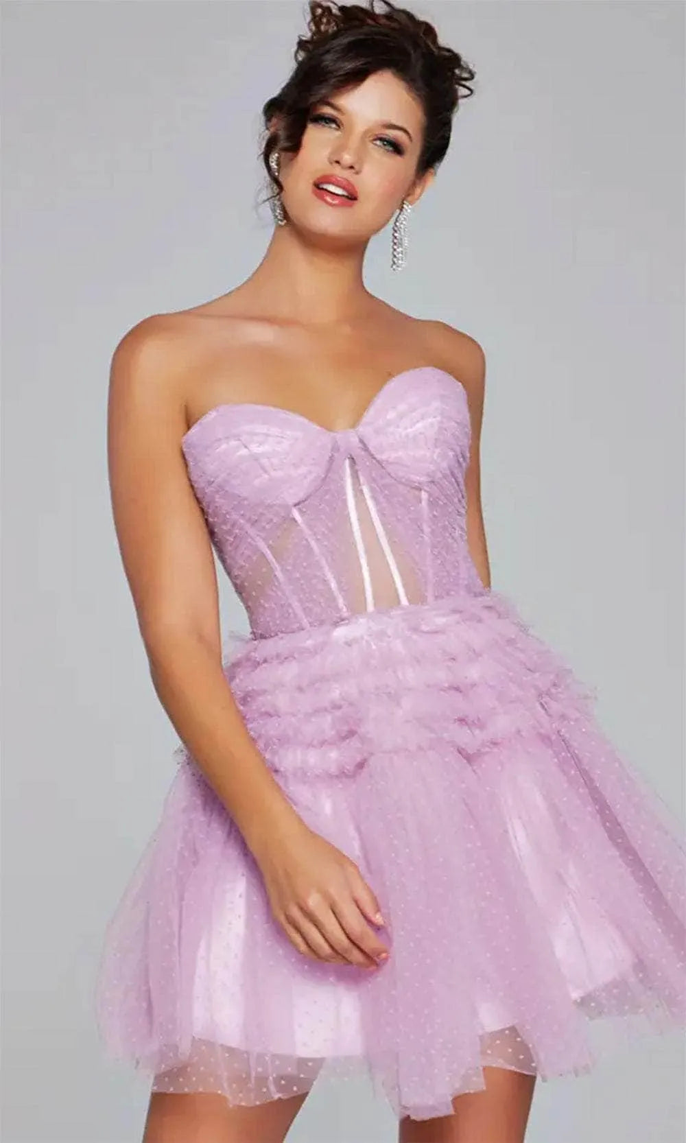 Lavender Strapless Lavender Mini Dress Sheer Corset Detail Laye Skirt for Homecoming Events