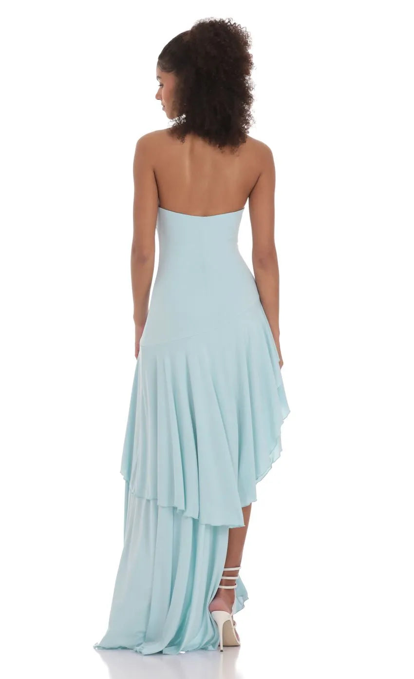 Light Blue Strapless Light Prom Dress with Asymmetric Ruffled Skirt Perfect for Romantic Prom Nights