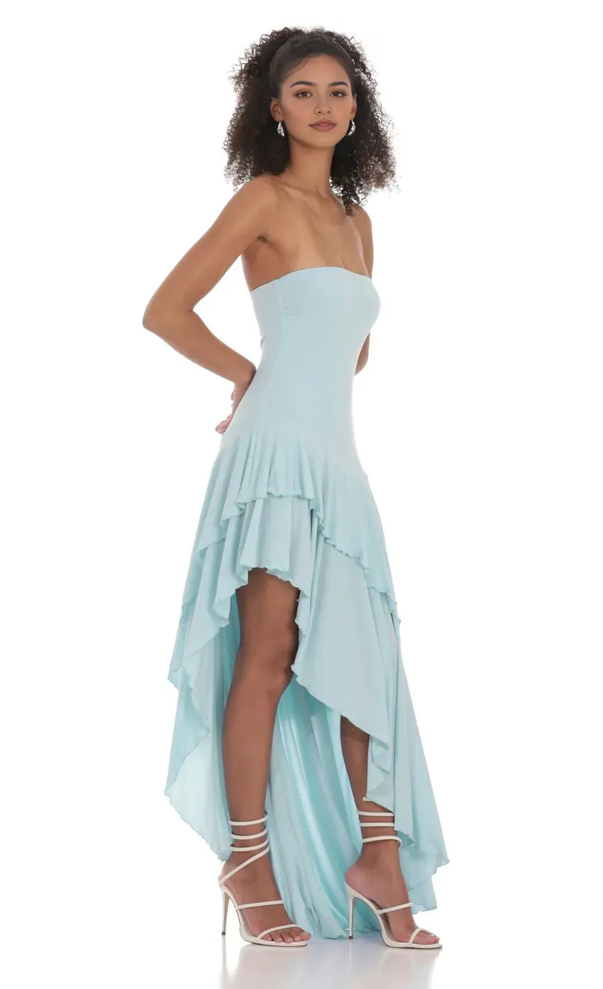 Light Blue Strapless Light Prom Dress with Asymmetric Ruffled Skirt Perfect for Romantic Prom Nights