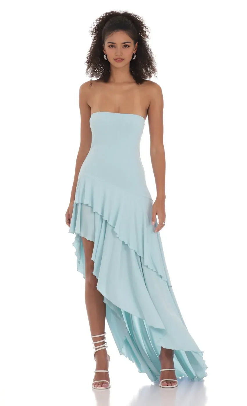Light Blue Strapless Light Prom Dress with Asymmetric Ruffled Skirt Perfect for Romantic Prom Nights