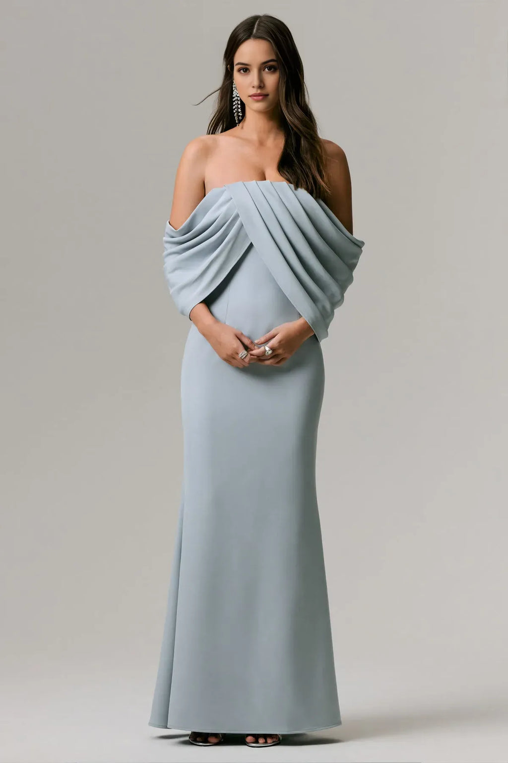 Light Blue Strapless Light Prom Dress with Draped Off - Shoulder Sleeves and Mermaid Silhouette