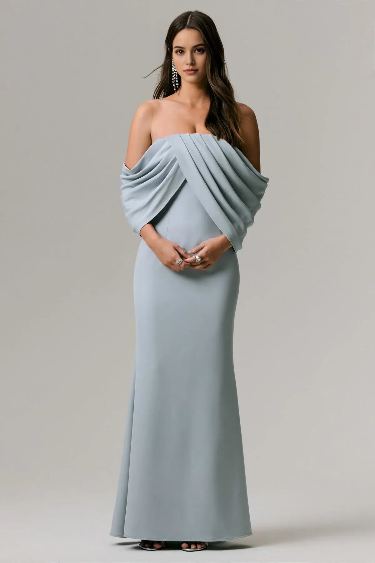Light Blue Strapless Light Prom Dress with Draped Off - Shoulder Sleeves and Mermaid Silhouette