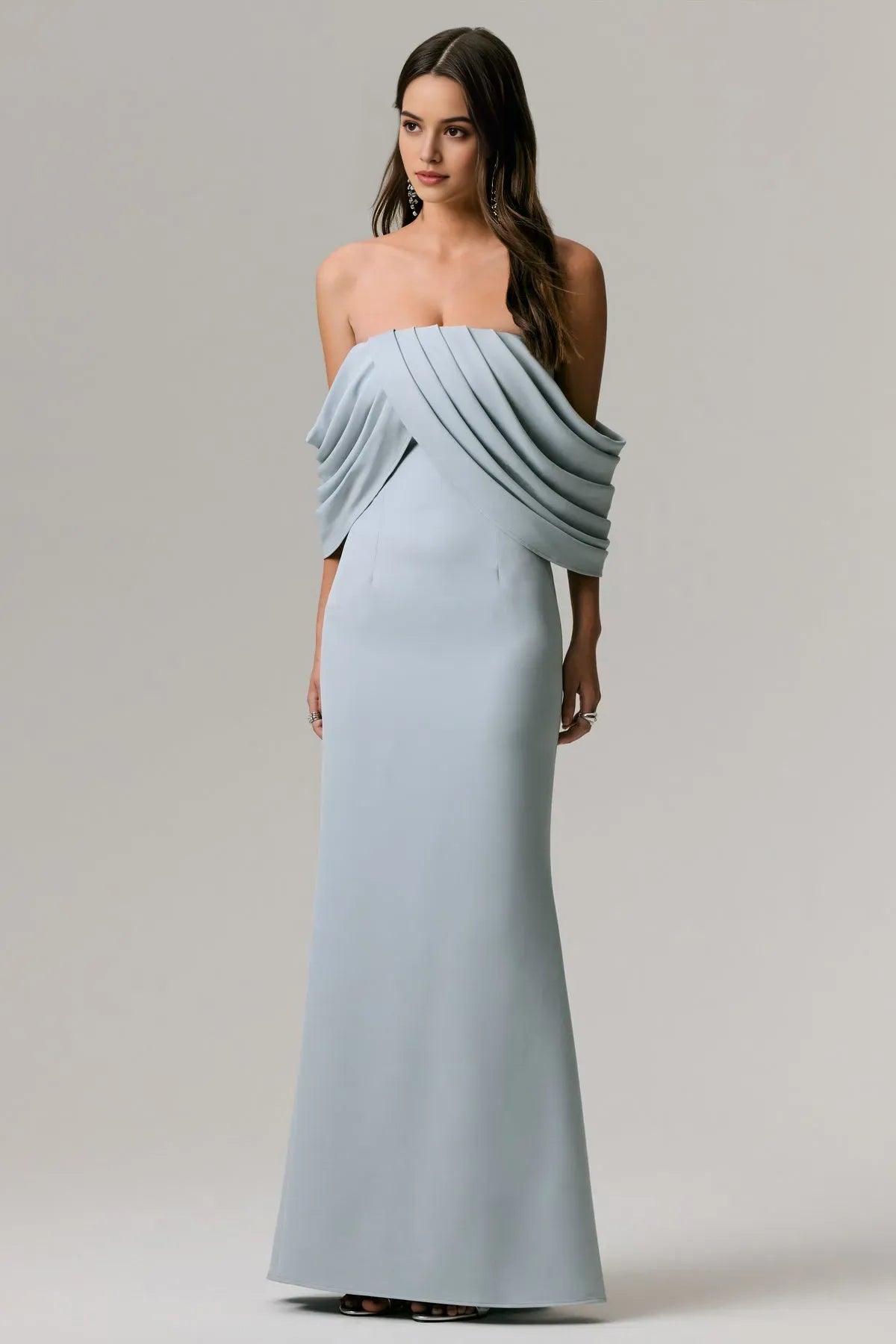 Light Blue Strapless Light Prom Dress with Draped Off - Shoulder Sleeves and Mermaid Silhouette