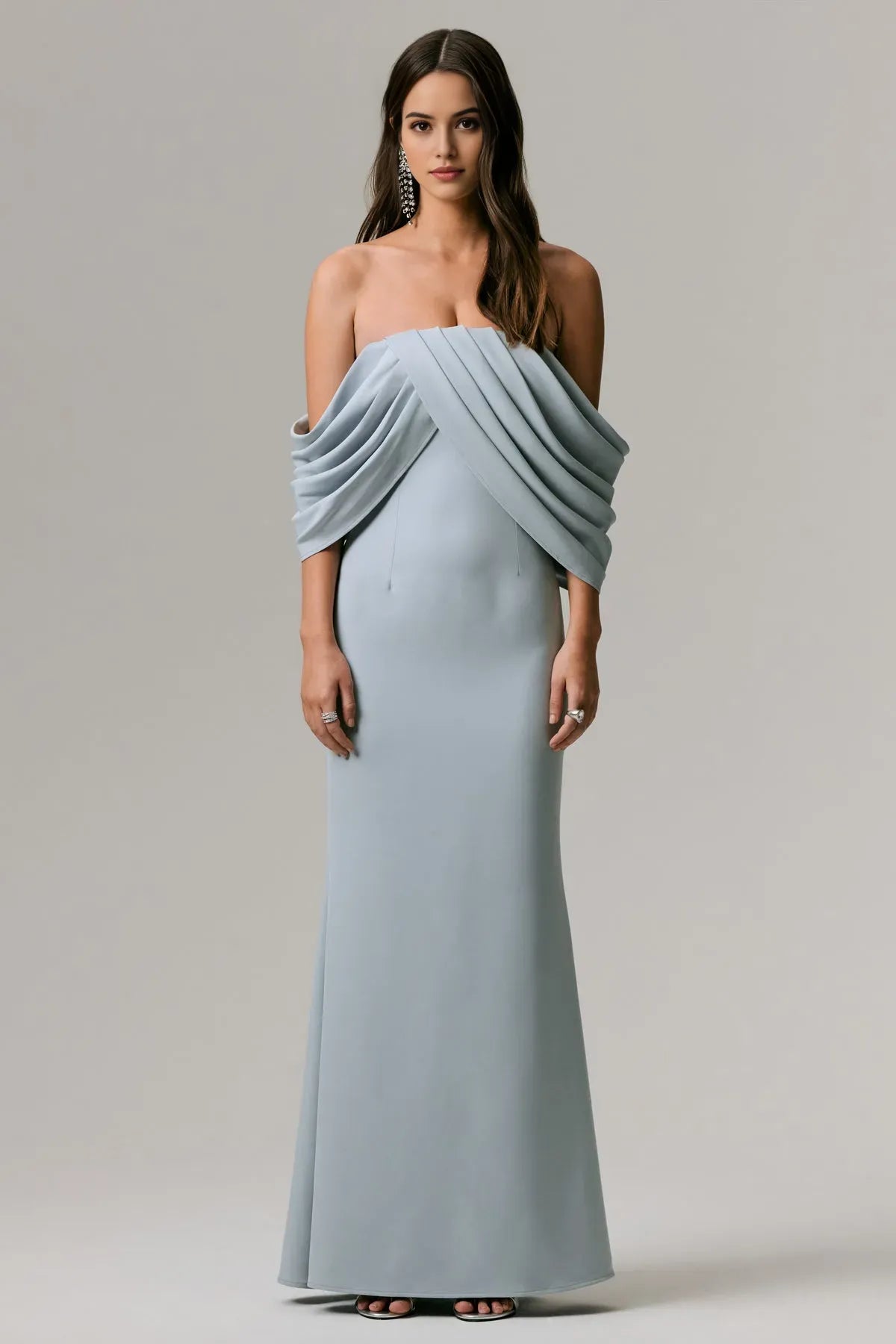 Light Blue Strapless Light Prom Dress with Draped Off - Shoulder Sleeves and Mermaid Silhouette