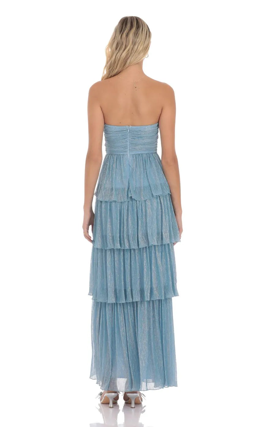 Light Blue Strapless Light Prom Gown Tiered Skirt Sweetheart Bustier Slit Hem Perfect for Prom Nights
