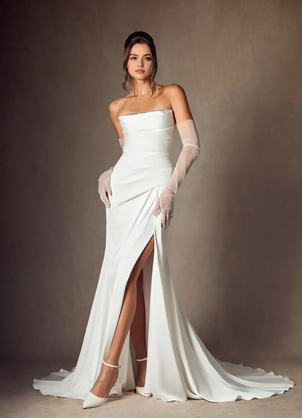 Strapless Mermaid Wedding Dress Ruched Bodice High Slit Train for Glamorous Weddings