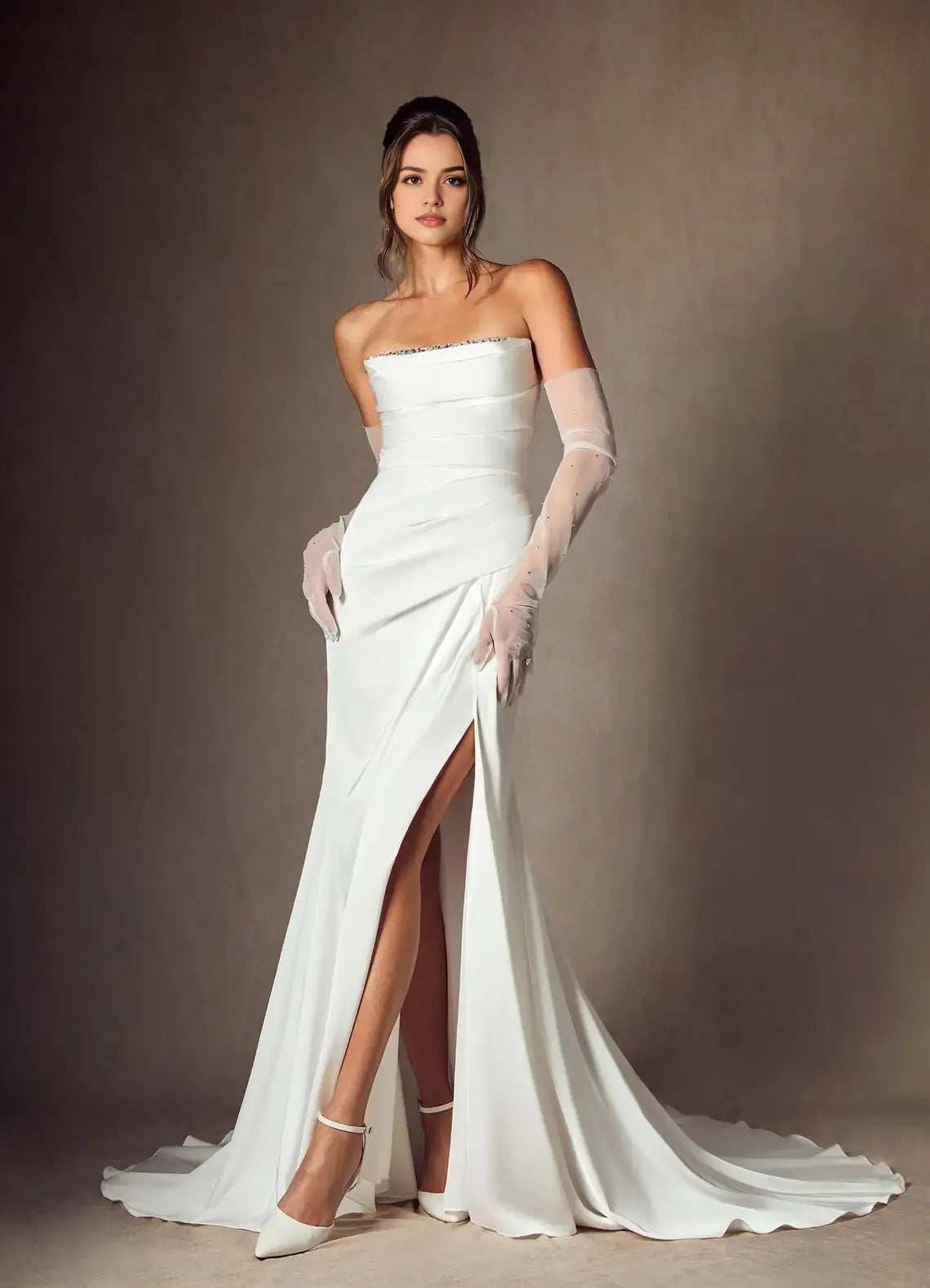 Strapless Mermaid Wedding Dress Ruched Bodice High Slit Train for Glamorous Weddings
