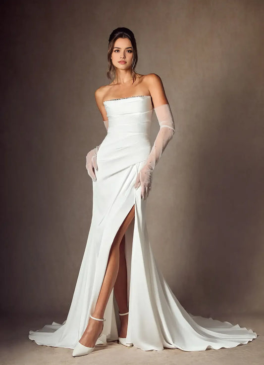 Luxurious Slit Mermaid Strapless Classic-Sleeve Classic-Back Floor-Length Wedding Dress