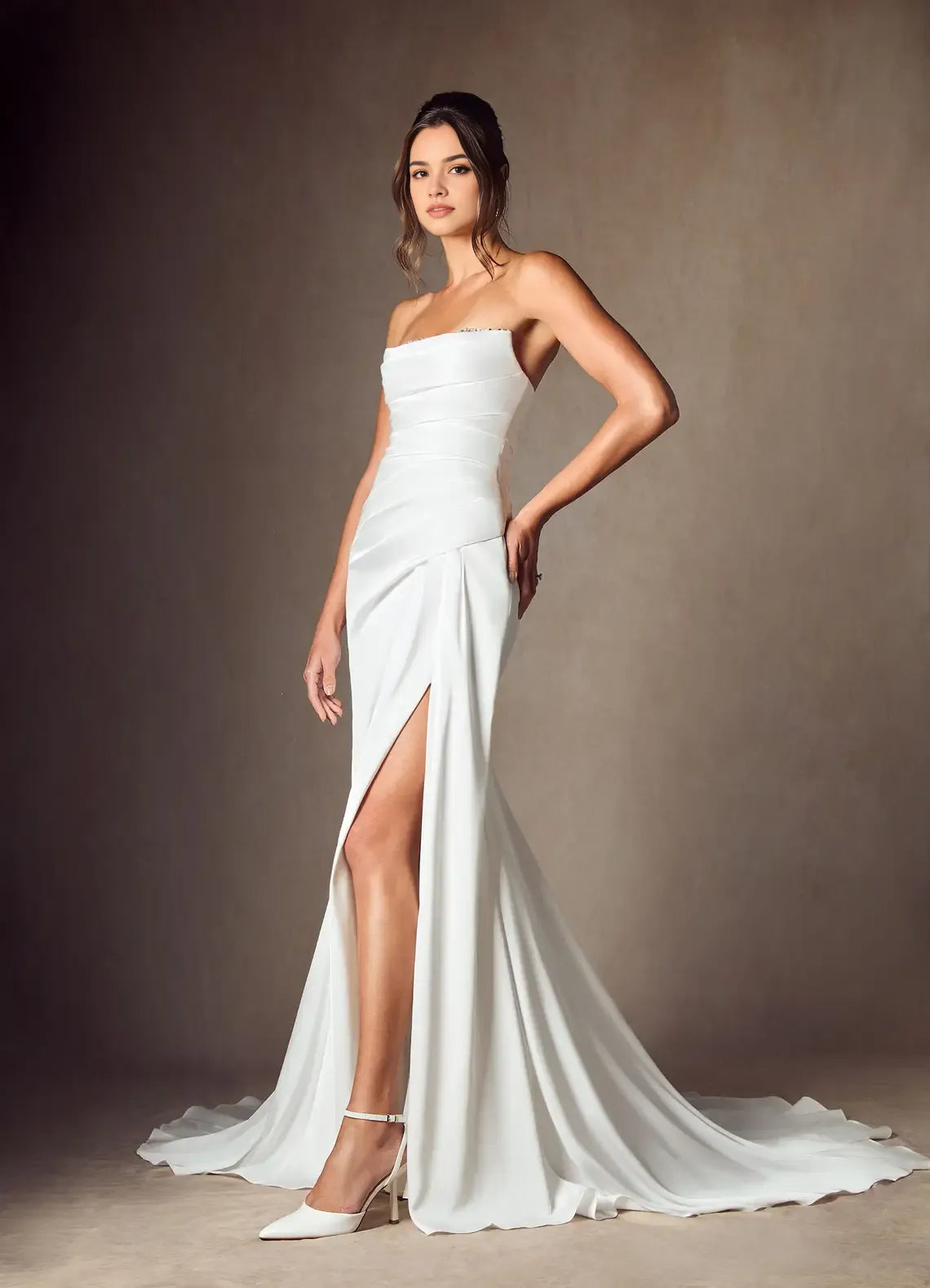 Strapless Mermaid Wedding Dress Ruched Bodice High Slit Train for Glamorous Weddings