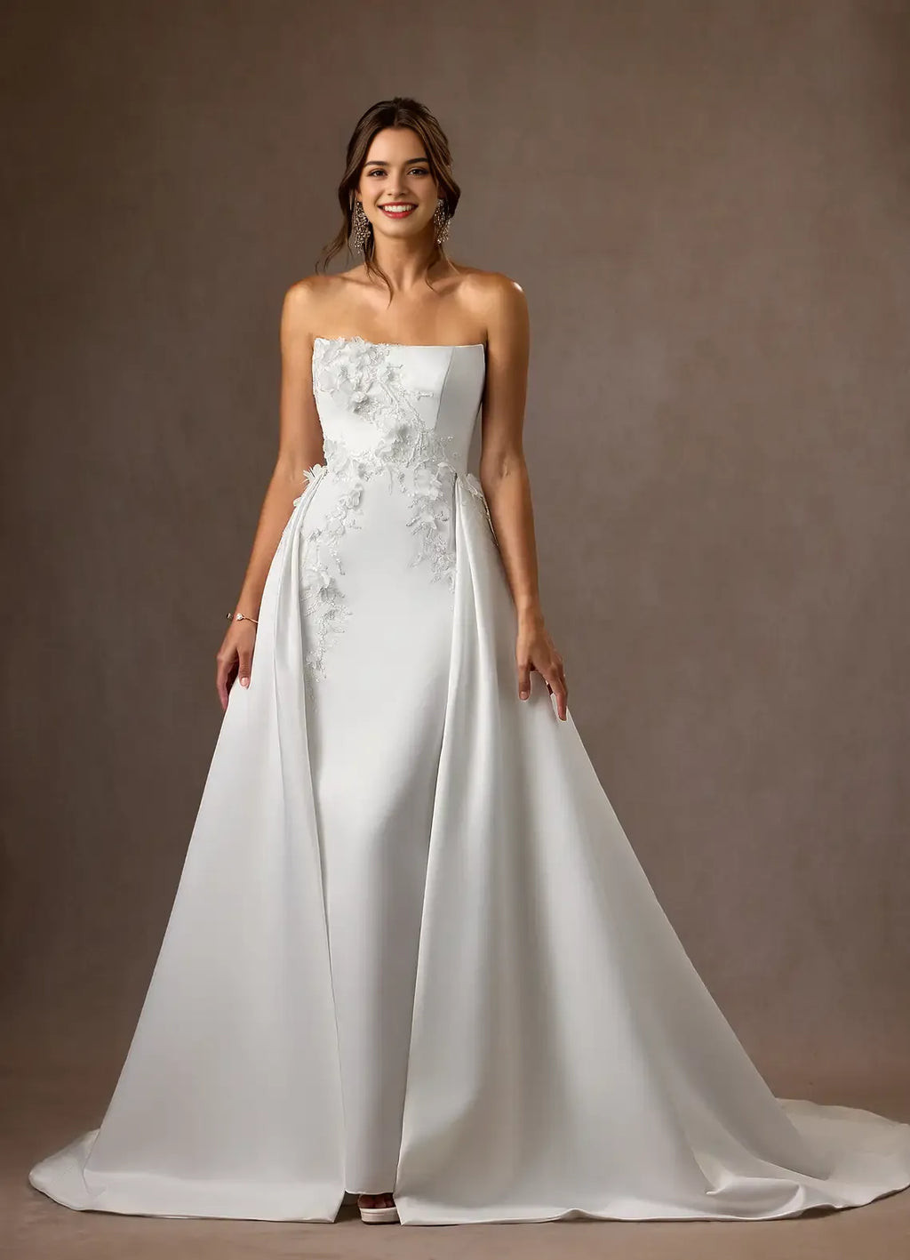 Strapless Mermaid Strapless Matte Wedding Dress Fabric 3D Floral Appliqués Detachable Train Mermaid Silhouette Perfect for Timeless Bridal Looks