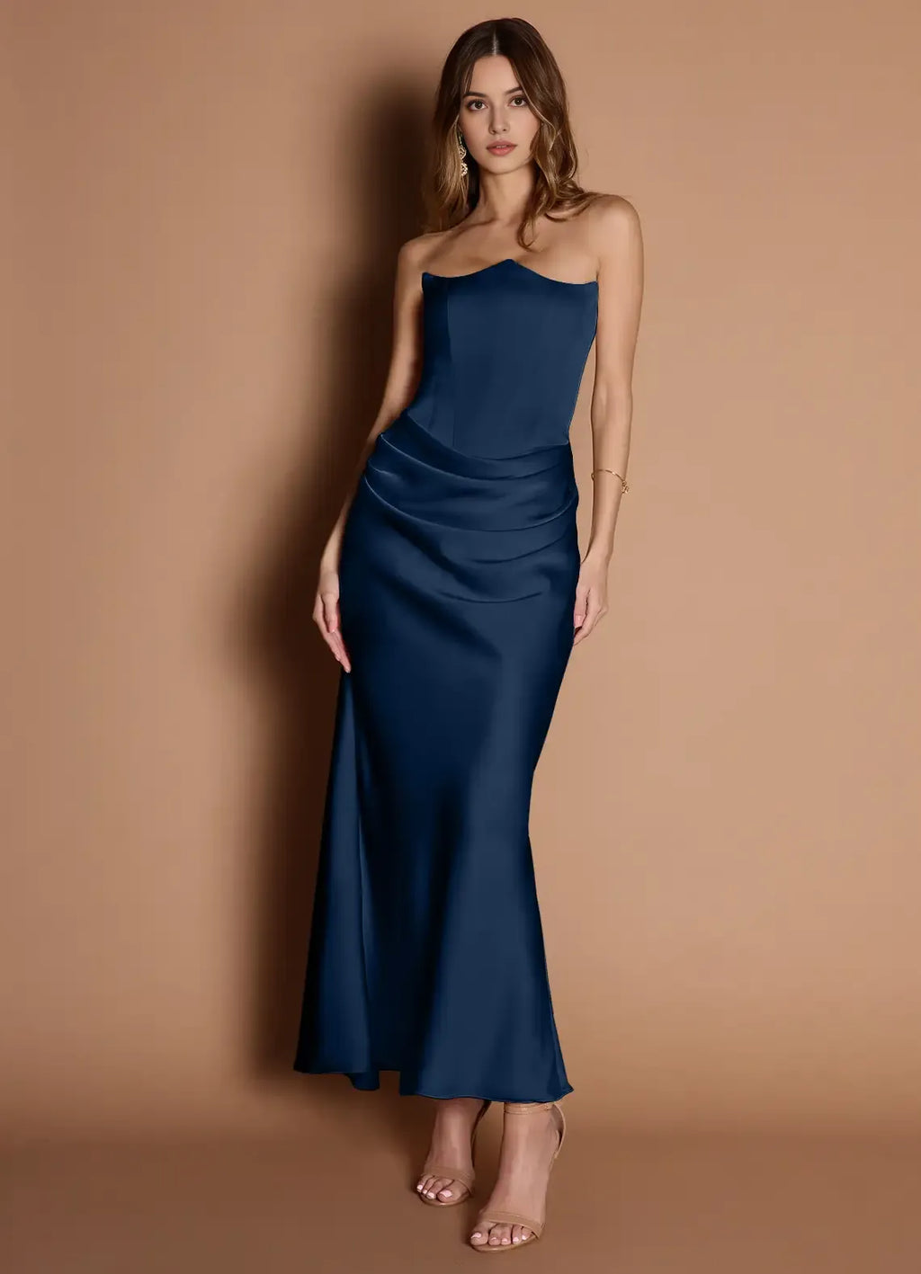 Navy Blue Strapless Prom Dress with Ruched Detail and Mermaid Silhouette for Formal Occasions