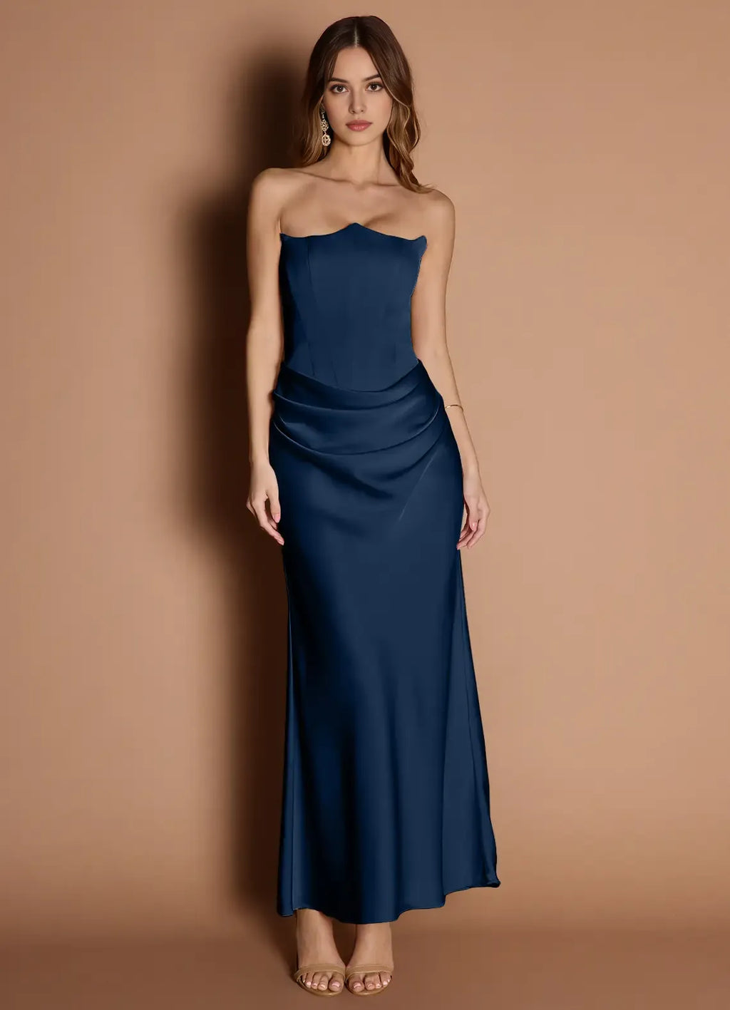 Navy Blue Strapless Prom Dress with Ruched Detail and Mermaid Silhouette for Formal Occasions