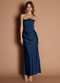 Navy Blue Strapless Prom Dress with Ruched Detail and Mermaid Silhouette for Formal Occasions