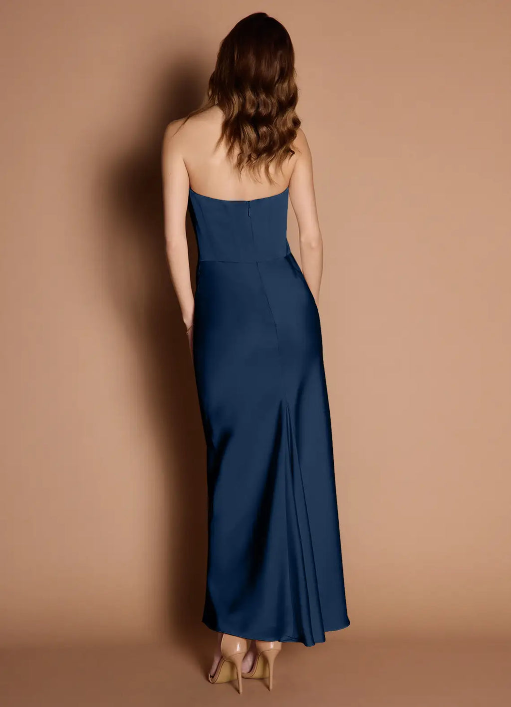 Navy Blue Strapless Prom Dress with Ruched Detail and Mermaid Silhouette for Formal Occasions