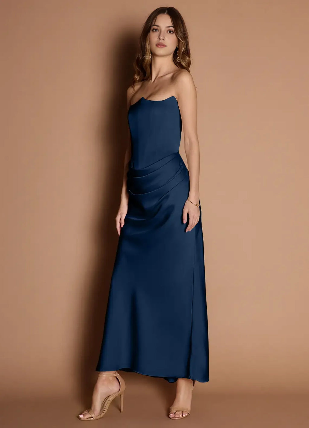 Navy Blue Strapless Prom Dress with Ruched Detail and Mermaid Silhouette for Formal Occasions