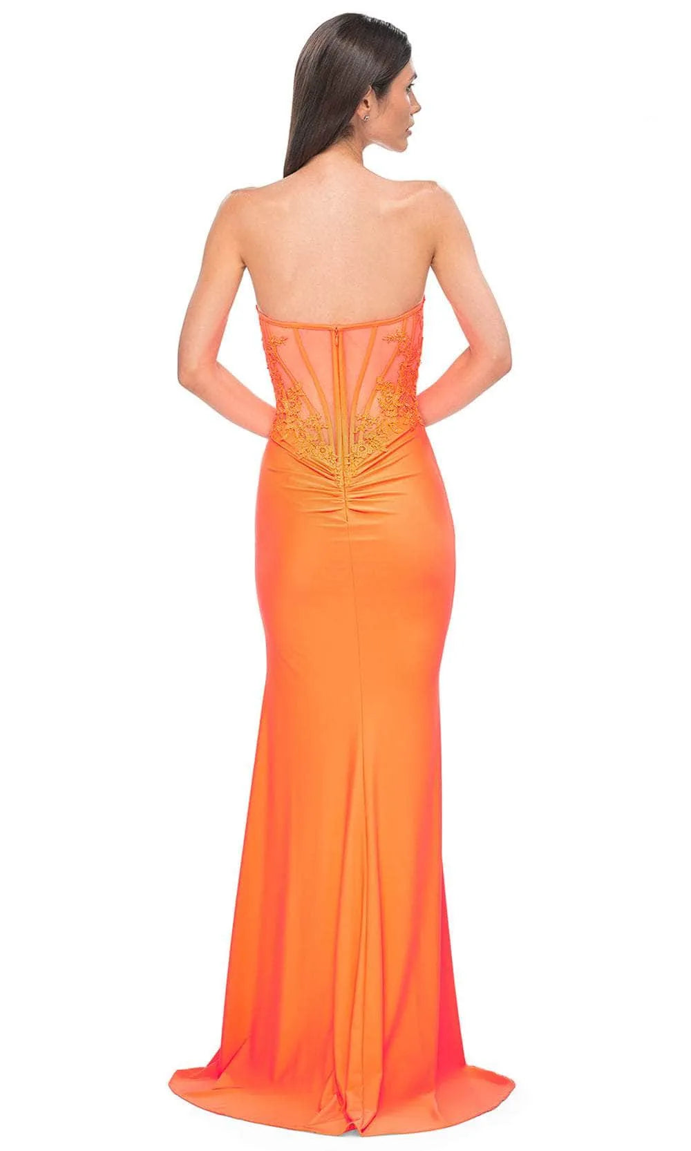 Orange Strapless Prom Gown with Trim and High Side Slit for Formal Evening Occasions