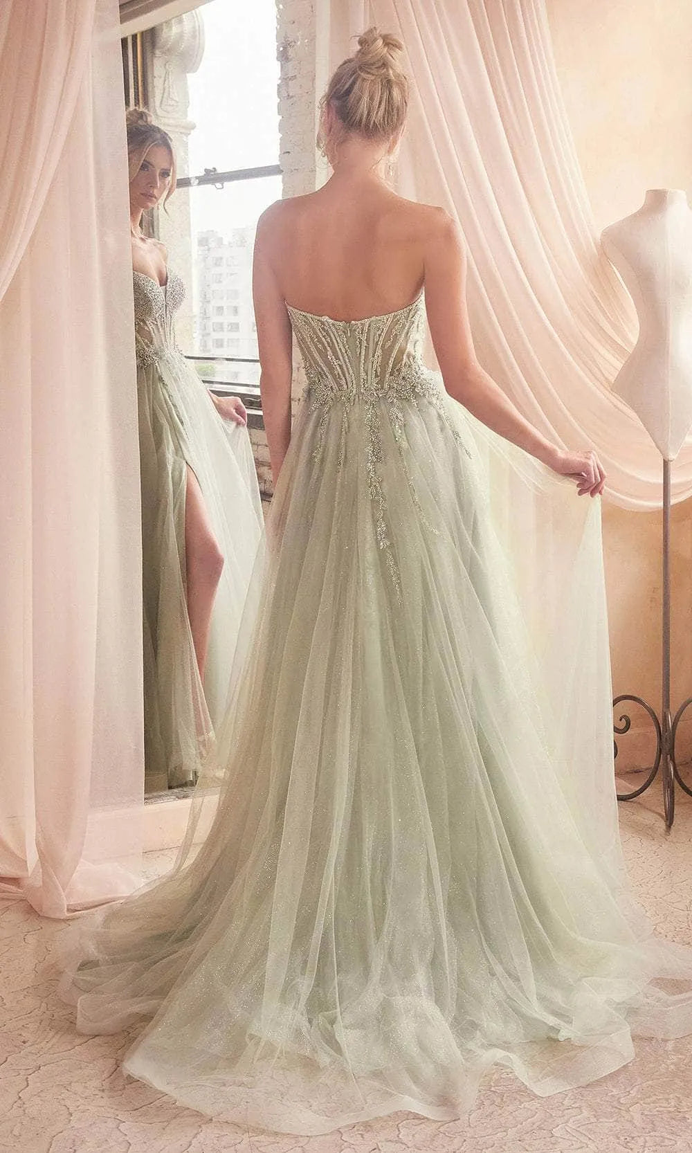 Sage Green Strapless Evening Gown with Bodice and High Slit for Prom Formal Galas