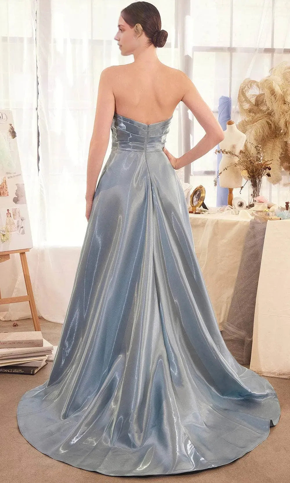 Strapless Shimmering Evening Gown with Draped Bodice and Train Perfect for Proms & Formal Galas