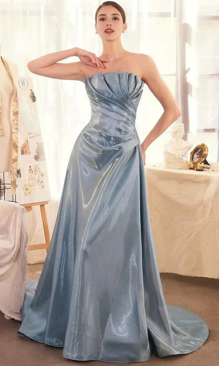 Strapless Shimmering Evening Gown with Draped Bodice and Train Perfect for Proms & Formal Galas