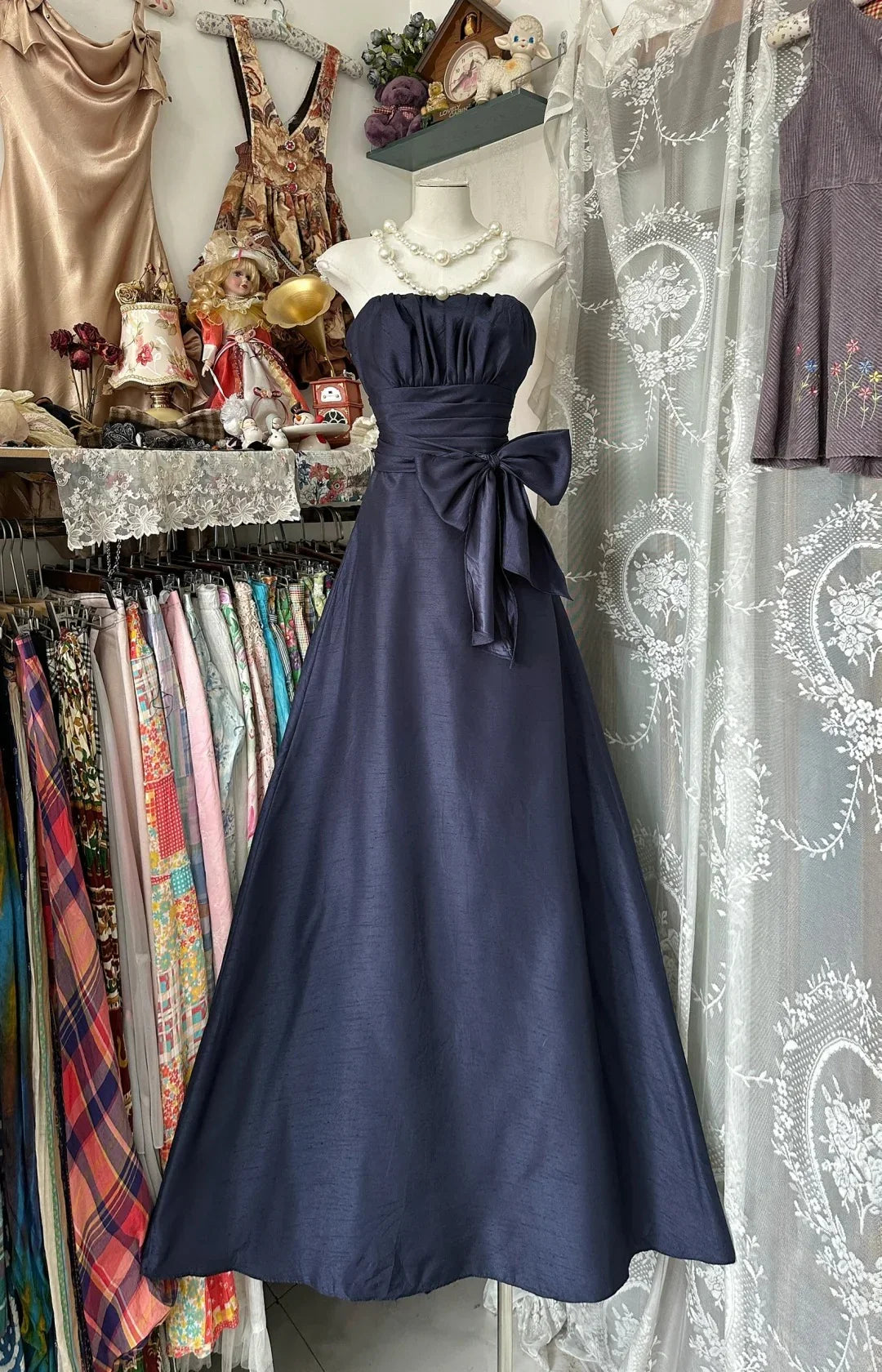 Navy Blue Strapless Sleeveless Bow Maxi Prom Dress