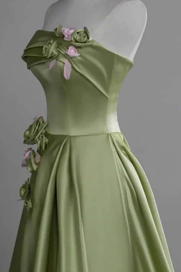 Green Strapless Sleeveless Floral-Appliquéd Light Prom Dresses