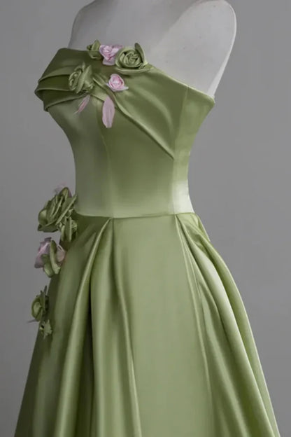 Luxurious Green Applique A-Line Strapless Sleeveless Classic-Back Floor-Length Prom Dress