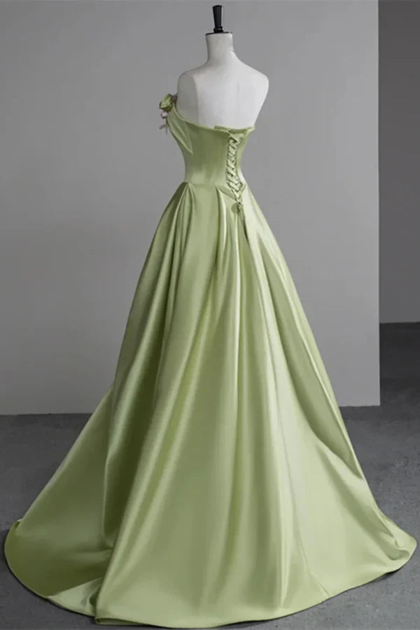 Green Strapless Sleeveless Floral-Appliquéd Light Prom Dresses