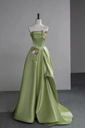 Green Strapless Sleeveless Floral-Appliquéd Light Prom Dresses