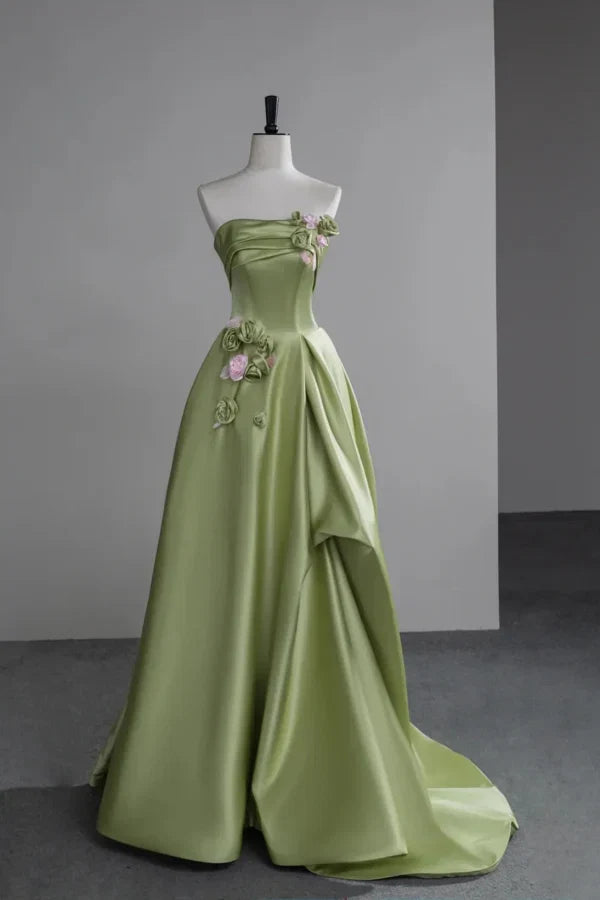 Green Strapless Sleeveless Floral-Appliquéd Light Prom Dresses