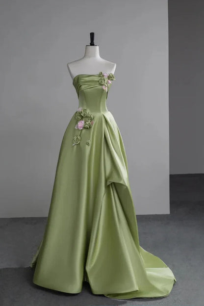 Luxurious Green Applique A-Line Strapless Sleeveless Classic-Back Floor-Length Prom Dress