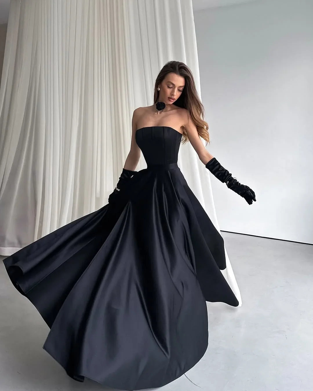 Black Strapless Sleeveless High Slit Maxi Party Dress