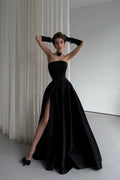 Black Strapless Sleeveless High Slit Maxi Party Dress