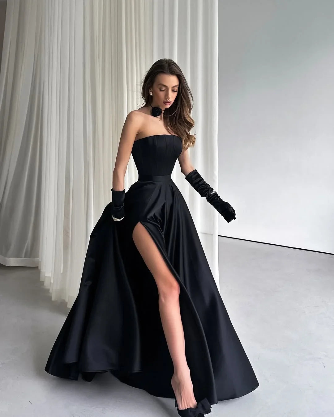 Black Strapless Sleeveless High Slit Maxi Party Dress