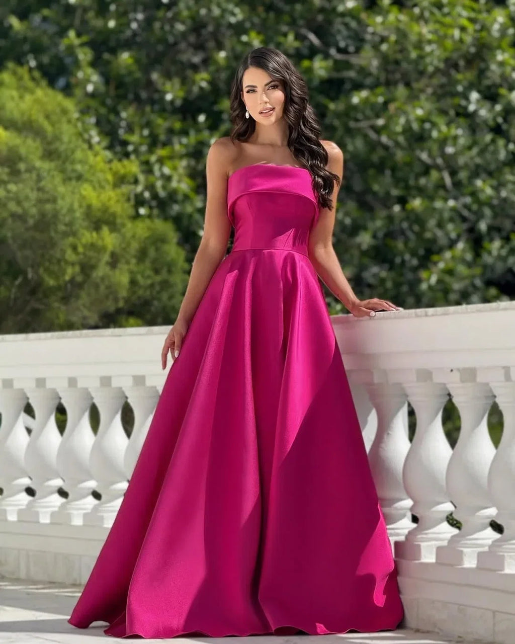 Strapless Sleeveless Fuchsia Floor-Length Party Dress