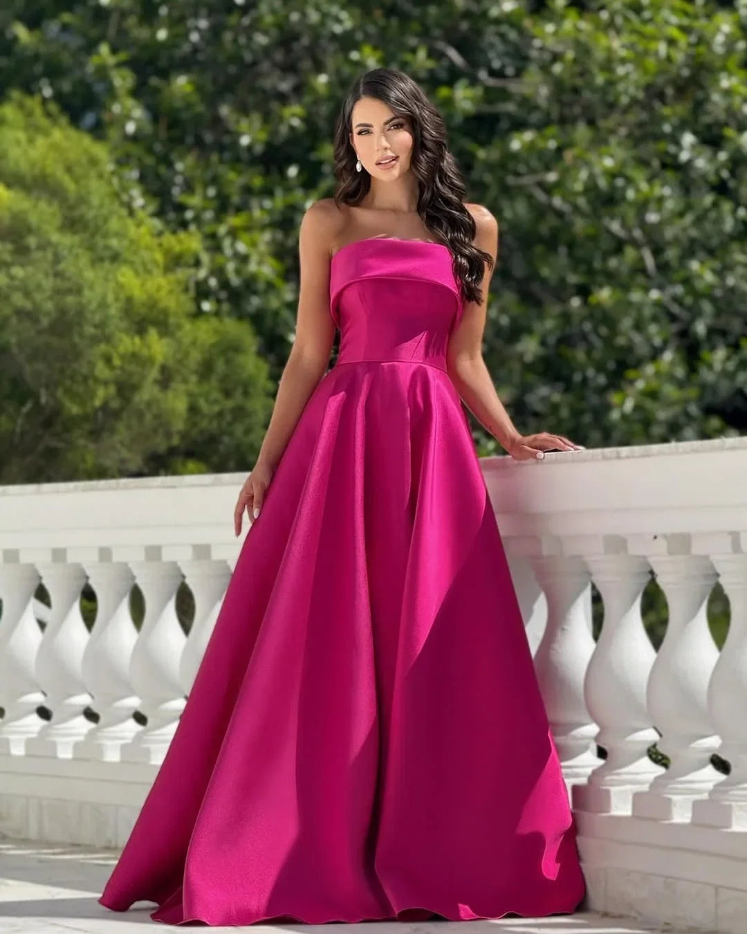 Strapless Sleeveless Fuchsia Floor-Length Party Dress